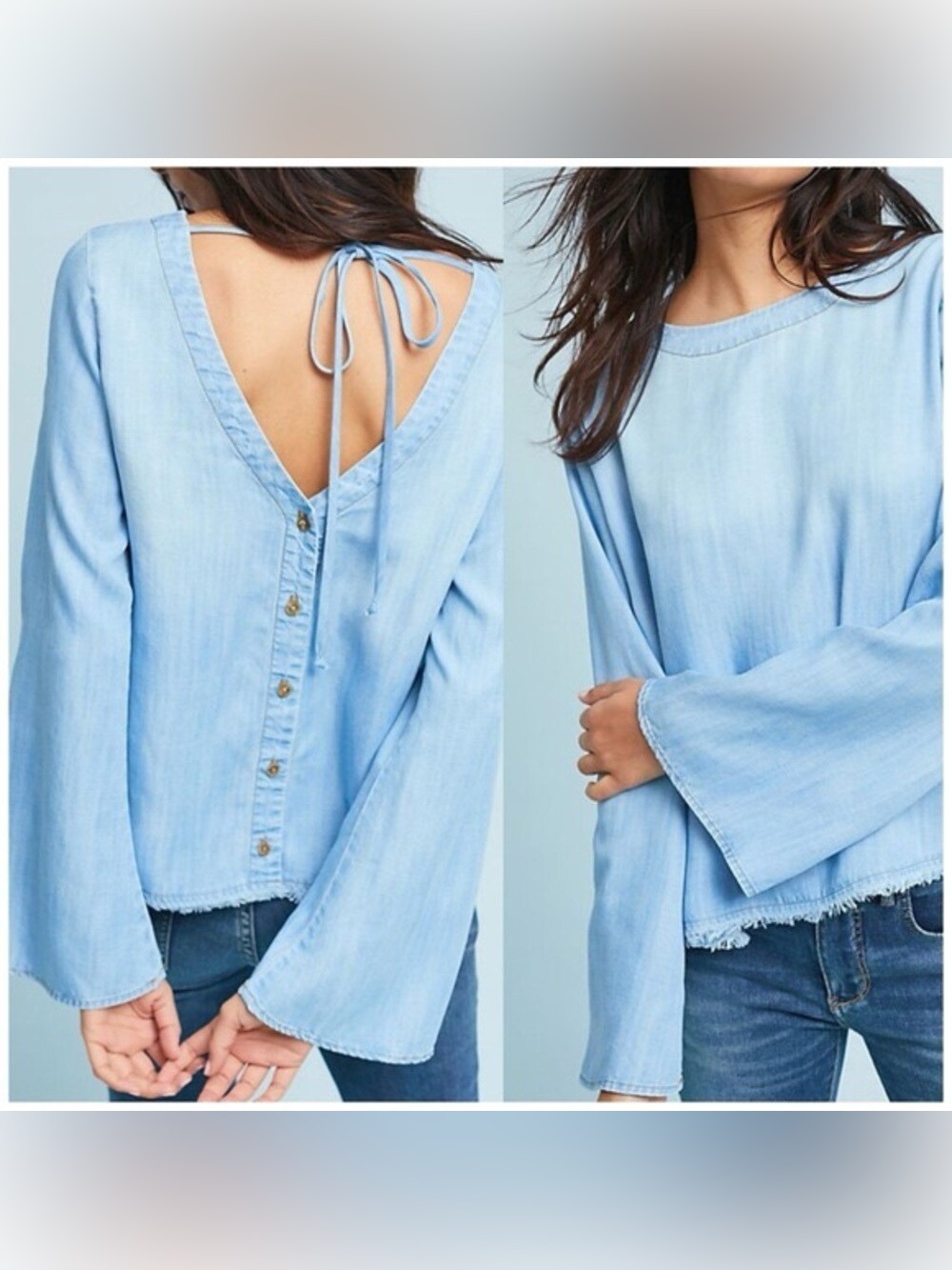 Anthropologie Cloth & Stone sz M Chambray Button-Back Open back Top bell sleeve